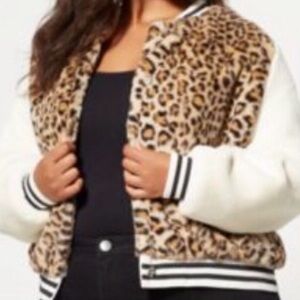 Fashion to Figure Leopard Varsity Jacket with White Sleeves